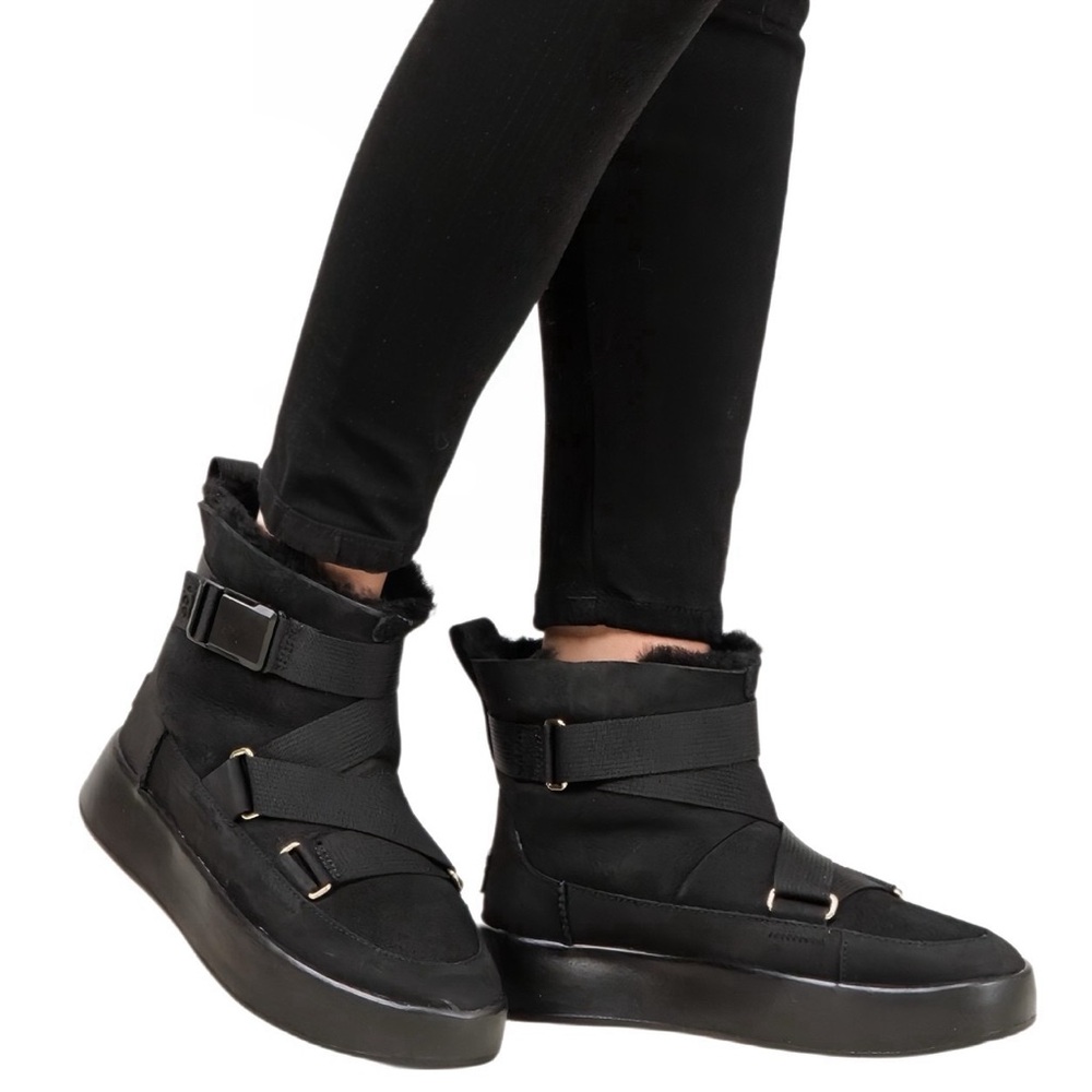 UGG Boom Buckle Black Suede Ankle Boots w Real Sheepskin Interior, Buckle Straps